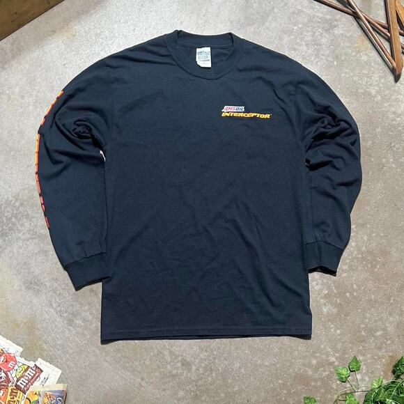 Vintage Y2K Interceptor Flame Graphic Biker Tee Mens Medium Double Sided Shirt - Picture 4 of 5